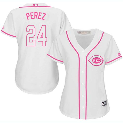 Reds #24 Tony Perez White/Pink Fashion Women's Stitched MLB Jersey - Click Image to Close